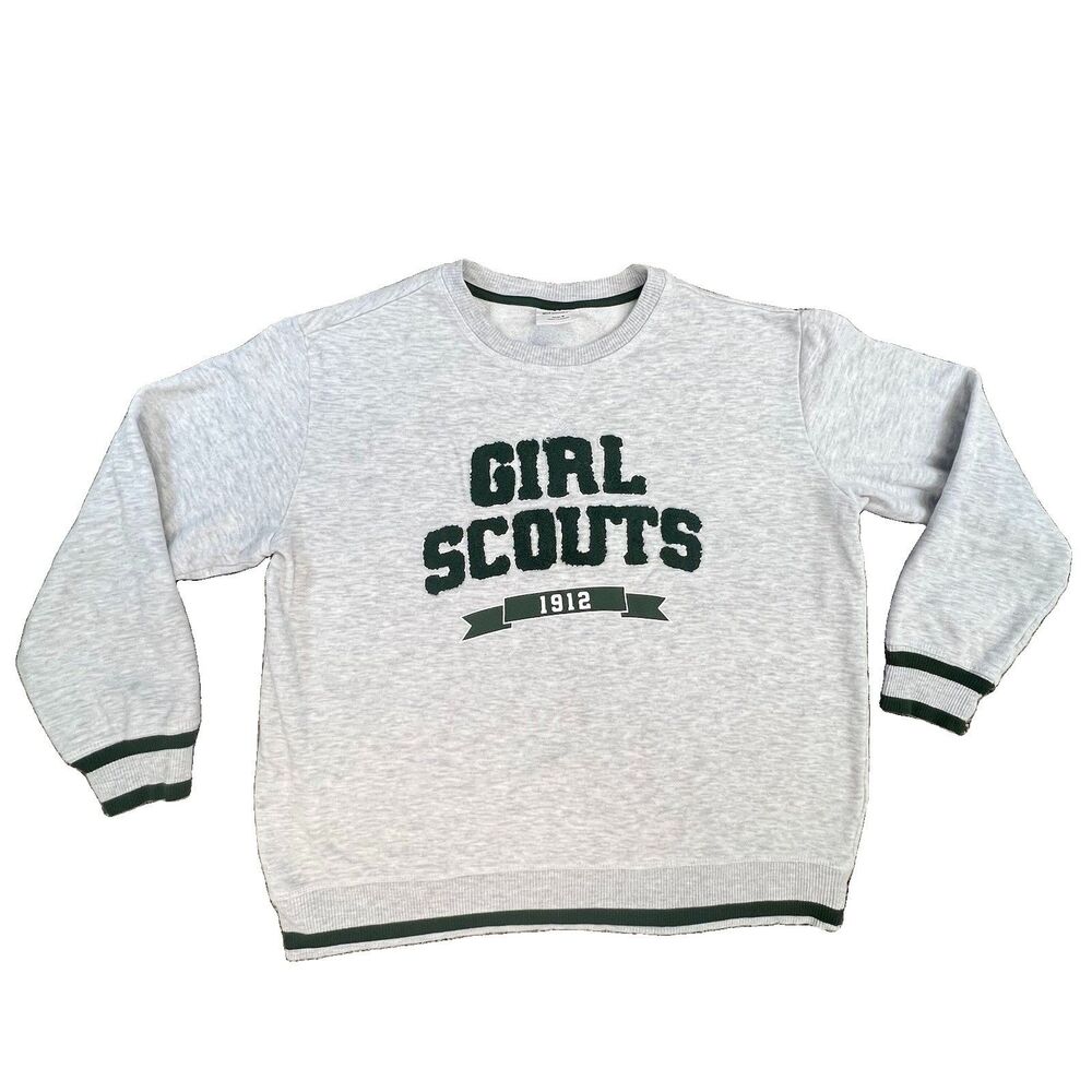 GIRL SCOUTS SWEATSHIRT SZ M ADULT VARSITY RAISED GREEN LOGO LONGSLEEVE GRAY CREW